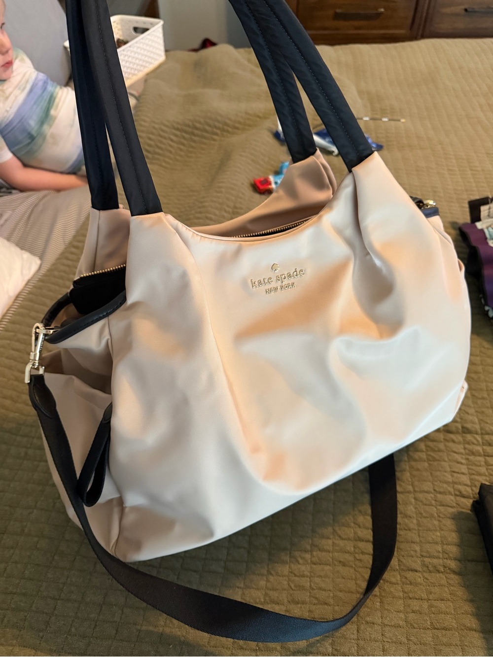 kate spade warm beige and black Chelsea diaper bag tote